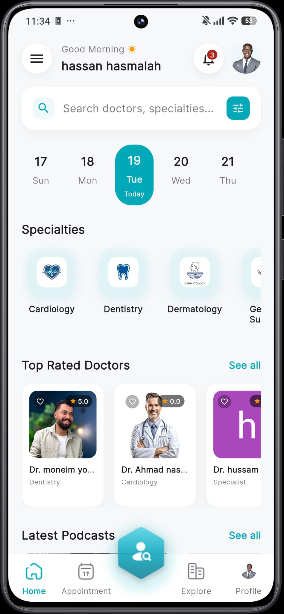 Ibncena Doctor app home screen for managing appointments and patient bookings