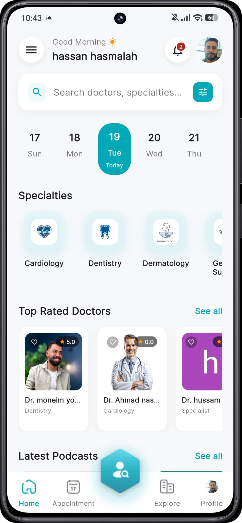 Ibncena mobile app home screen showing doctor search and appointment booking