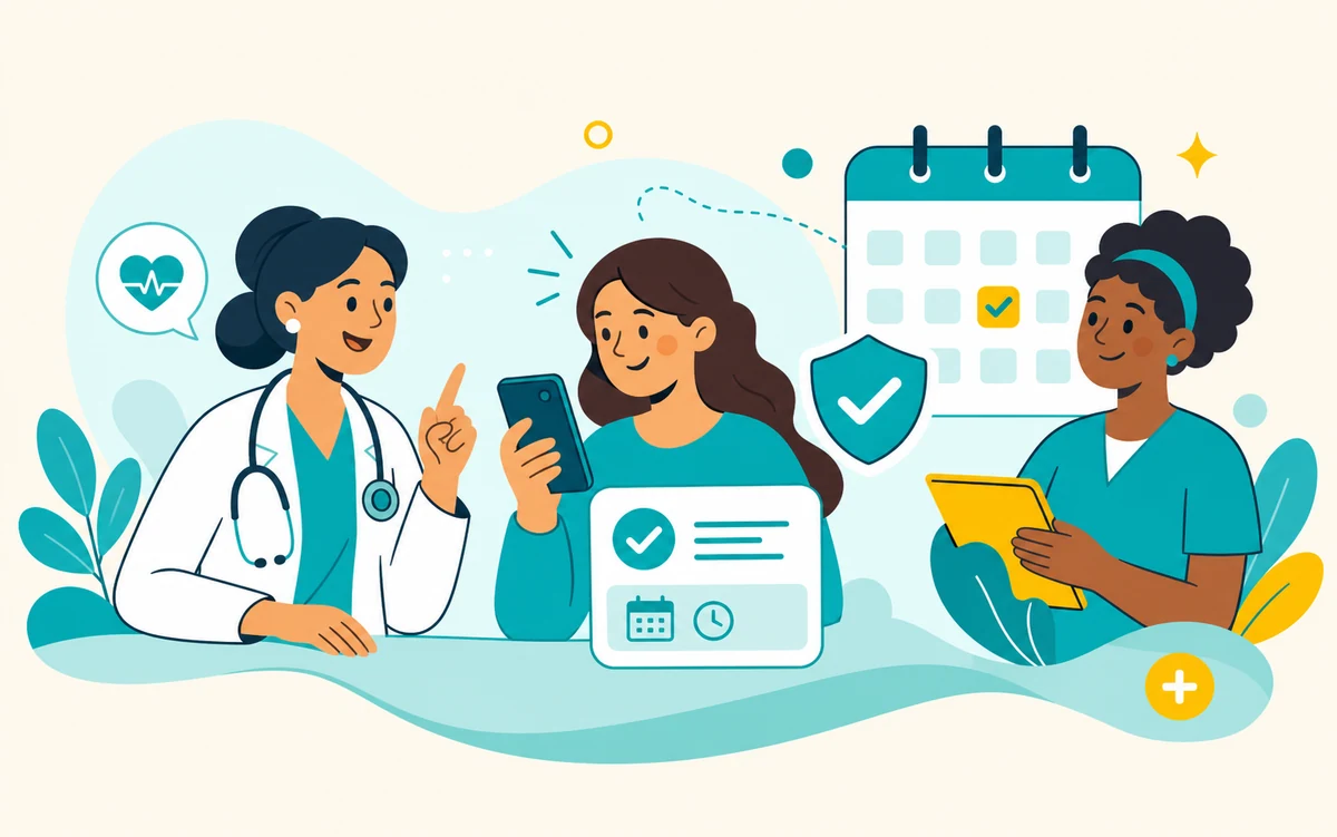 Cartoon illustration of a patient booking an appointment with Ibncena care professionals