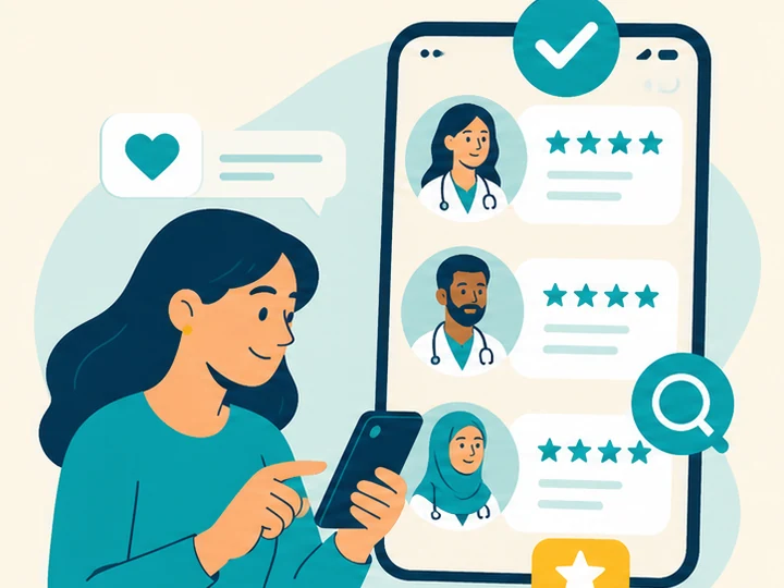 Cartoon illustration of browsing doctor profiles and reviews